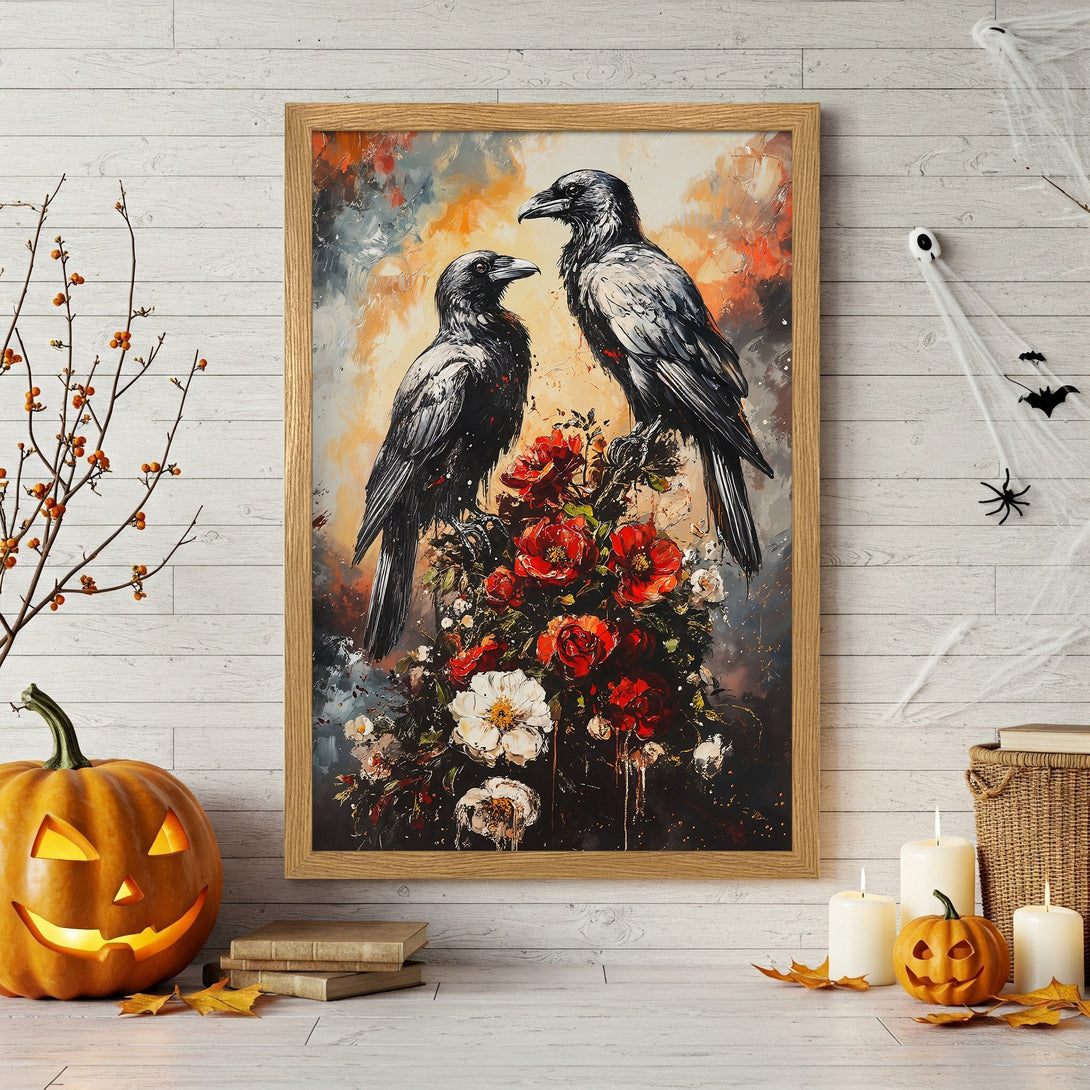 Framed Poster featuring two ravens with red flowers, abstract style, warm color palette, perfect Halloween decor.