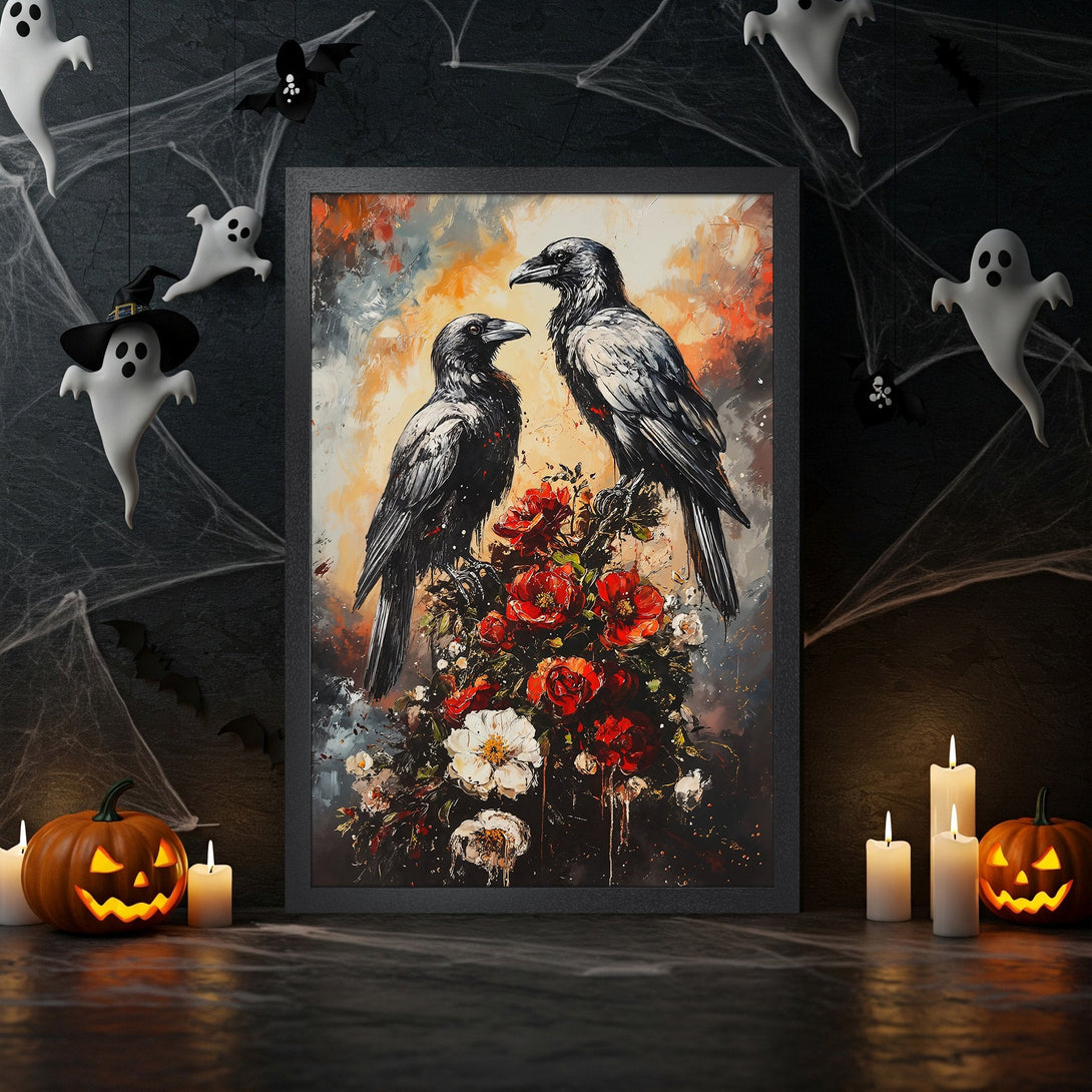 Framed Poster featuring two ravens and red roses in a dark, painterly style with a warm, autumnal color palette. Perfect Halloween decor!
