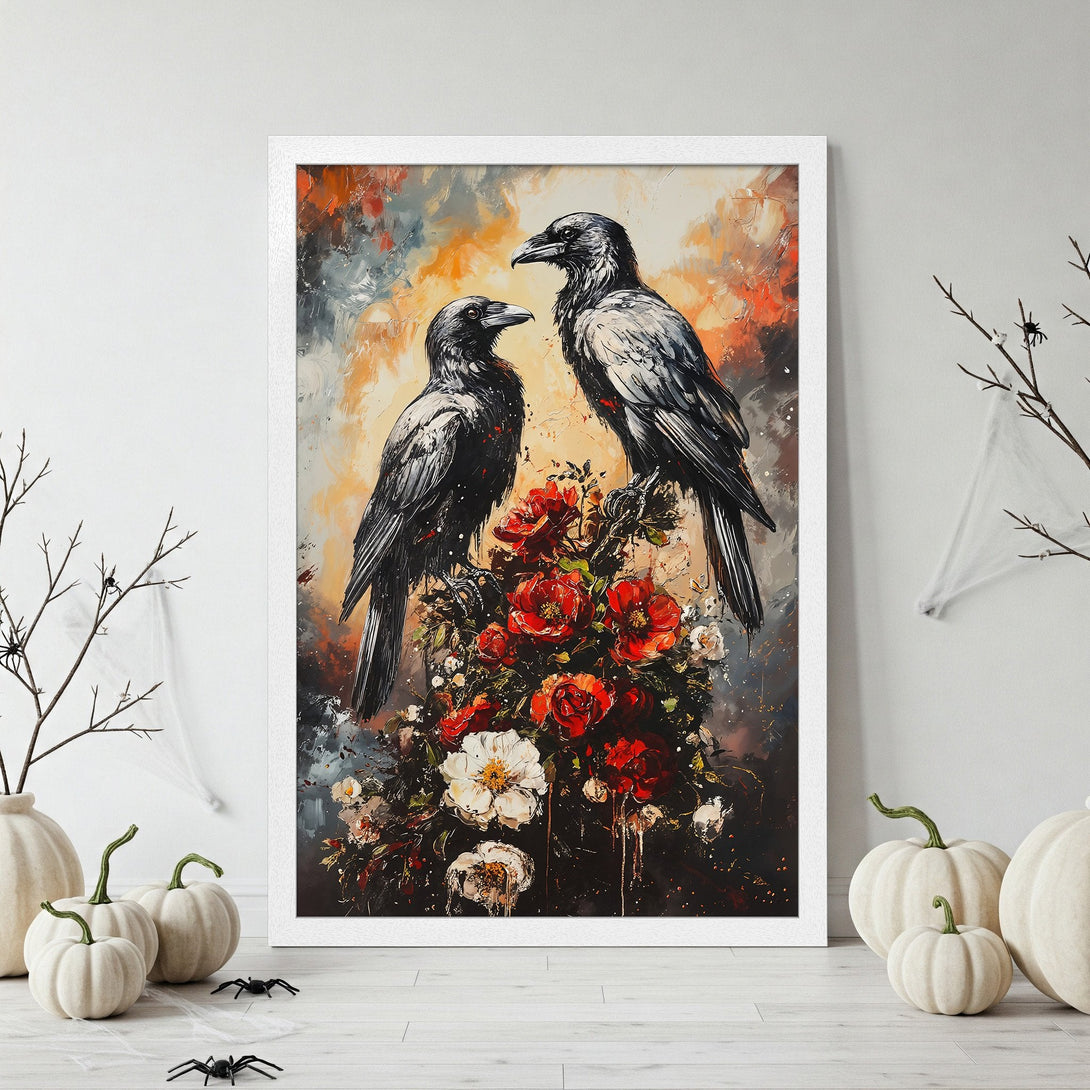 Framed Poster featuring two crows on flowers, an abstract style with a dark, moody color palette of reds, blacks, and oranges.