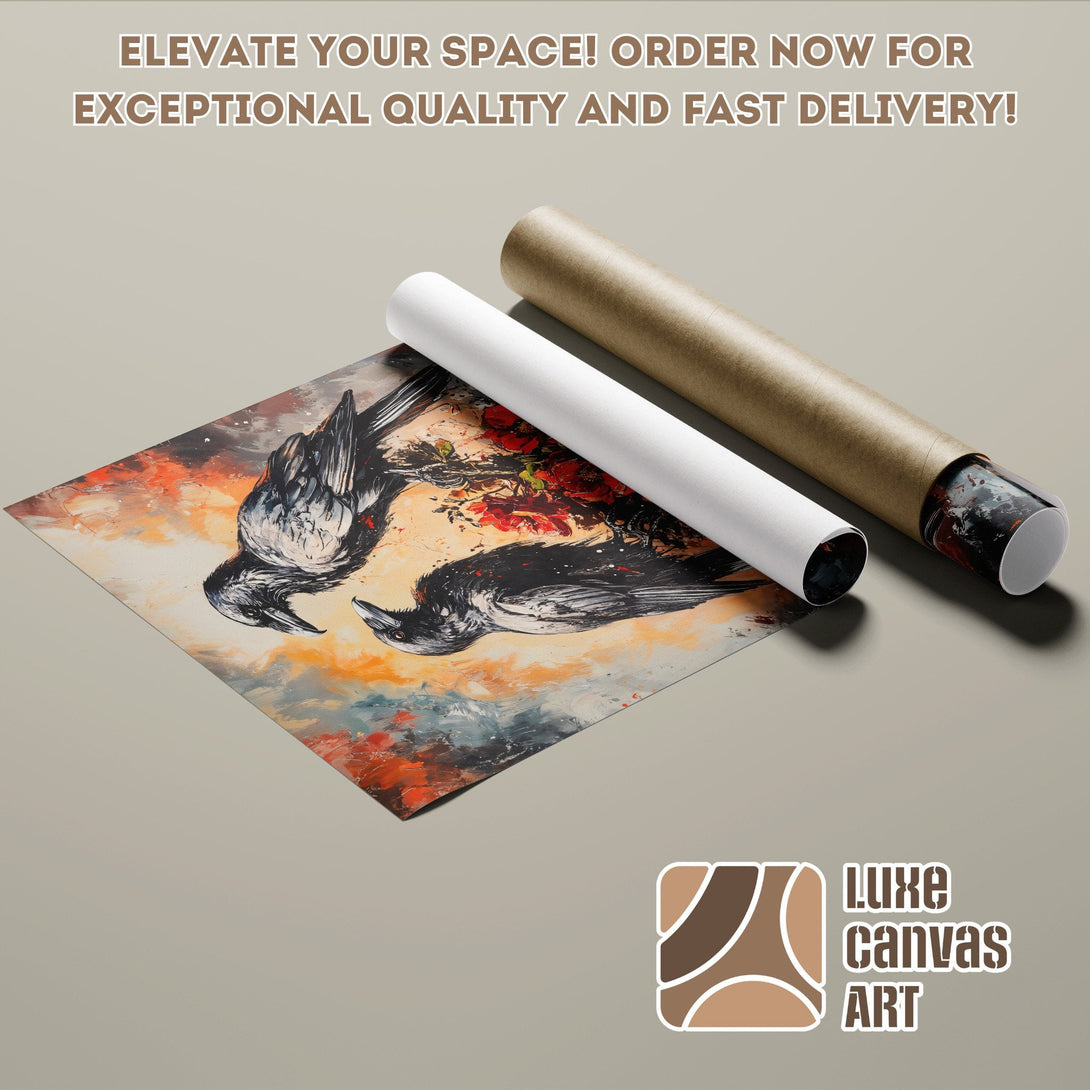 Poster Roll featuring crow art in a vibrant, warm color palette. Elevate your space!