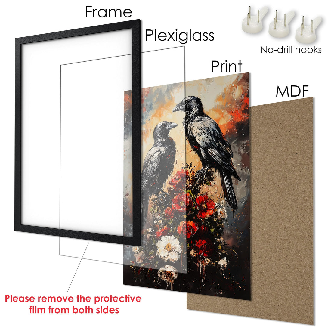 Framed Poster featuring ravens and flowers in an artistic style with a warm color palette. Perfect wall art for your home!