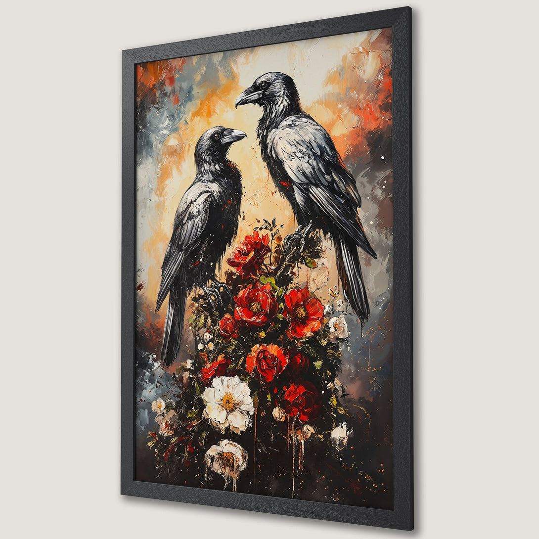 Framed Poster featuring two crows and red roses, an expressive, oil painting style with a warm, dramatic color palette.