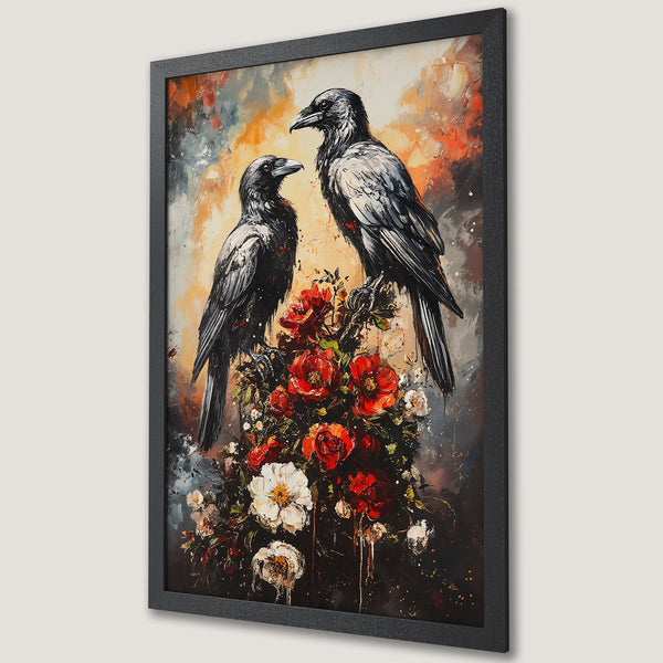 Framed Poster featuring two crows and red roses, an expressive, oil painting style with a warm, dramatic color palette.