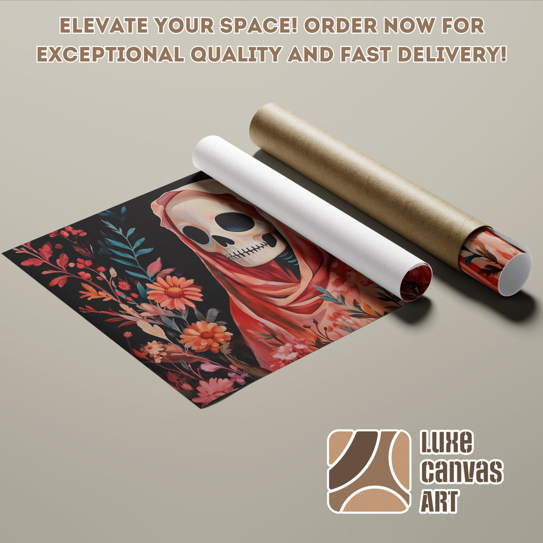 Poster Roll featuring a skeleton in floral design, with a dark and warm color palette.