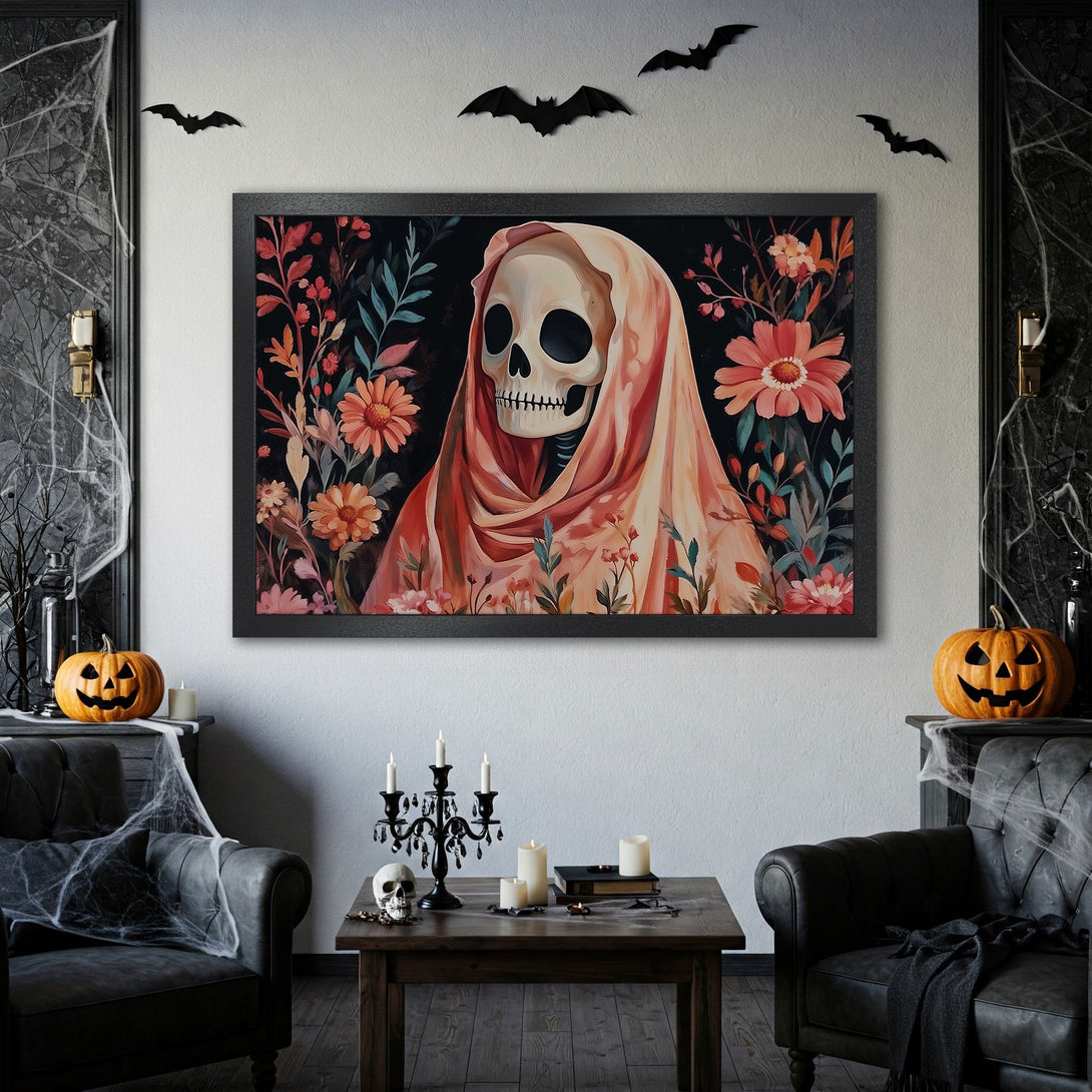 Framed Poster: Spooky floral skull art in black frame. Perfect Halloween decor! Features a dark, moody color palette. Get yours today!
