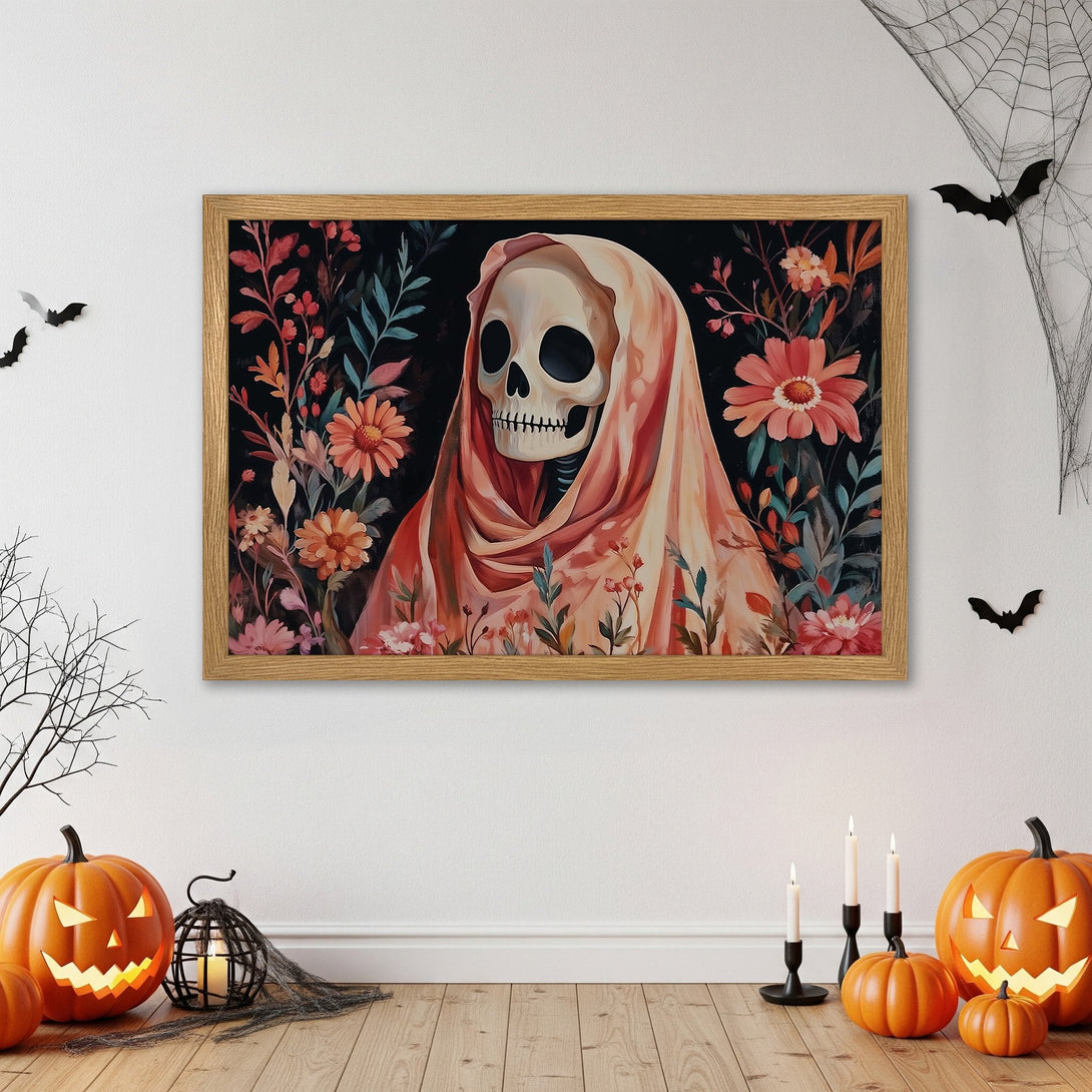 Framed Poster featuring a skull in floral design. Gothic style with a black, orange, and pink color palette. Perfect Halloween decor!