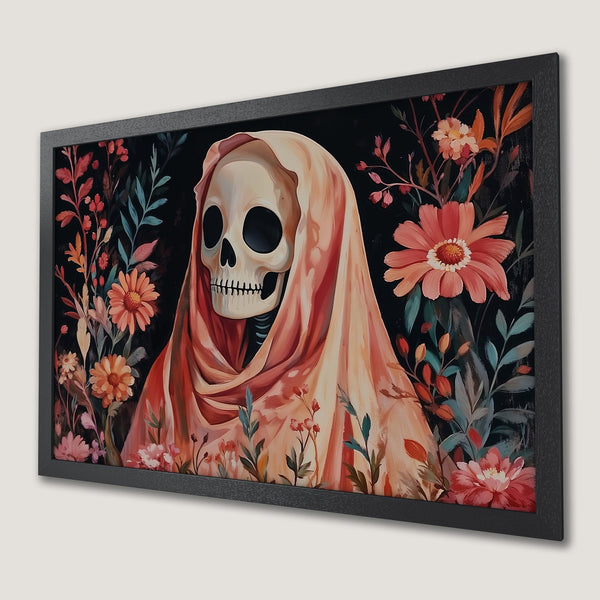 Framed Poster: Grim Reaper art with floral elements, dark background, peach and coral color palette. Unique wall decor.