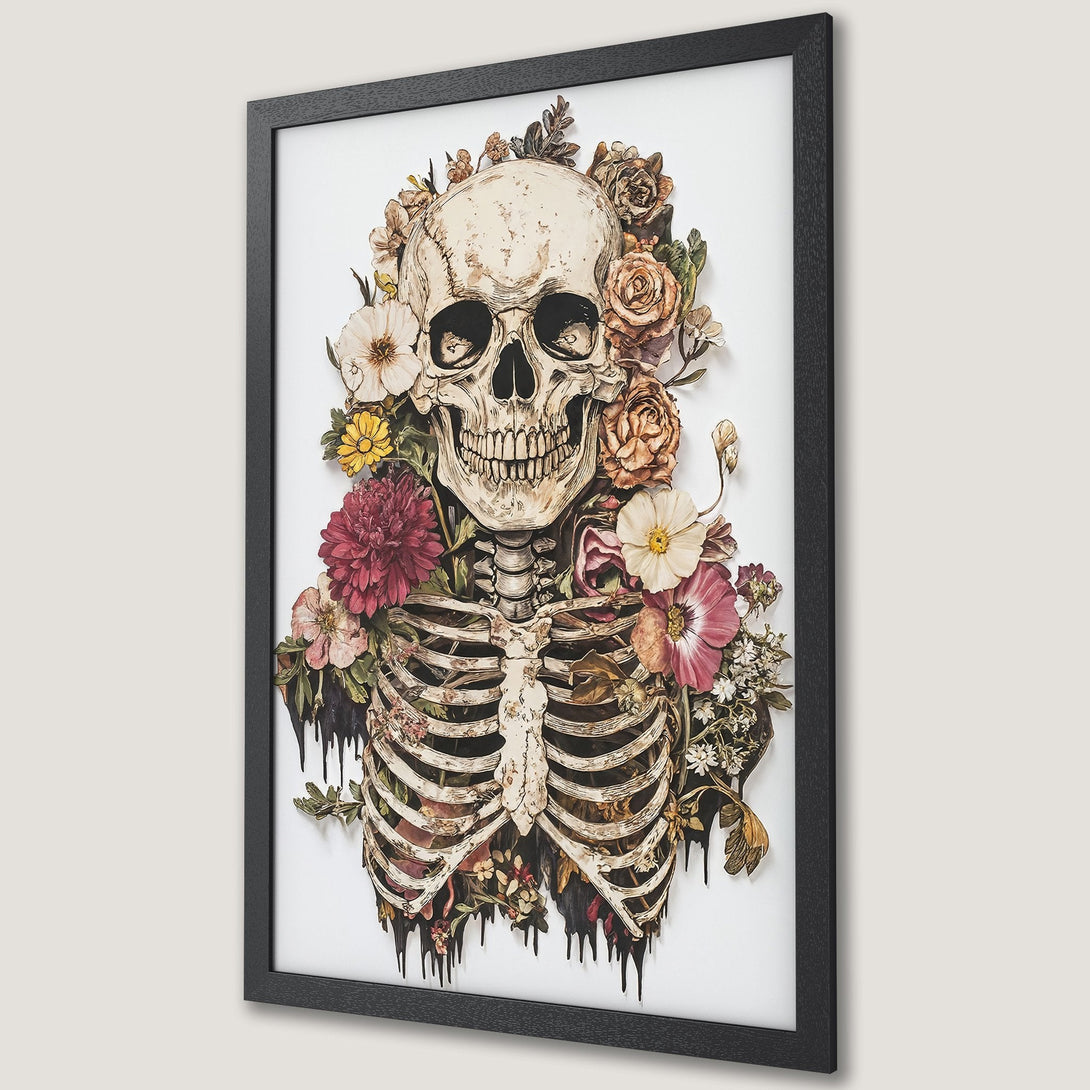 Framed Poster featuring a skull and floral design in a vintage style with a neutral and earthy color palette.