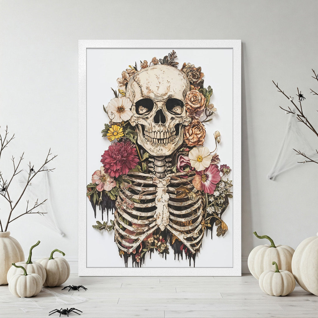Framed Poster featuring a skull with floral accents. Gothic style, warm color palette. Perfect Halloween decor!