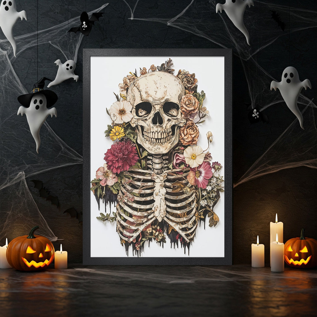 Framed Poster featuring a skull with floral elements, dark and moody style, and a warm, earthy color palette. Perfect Halloween decor!