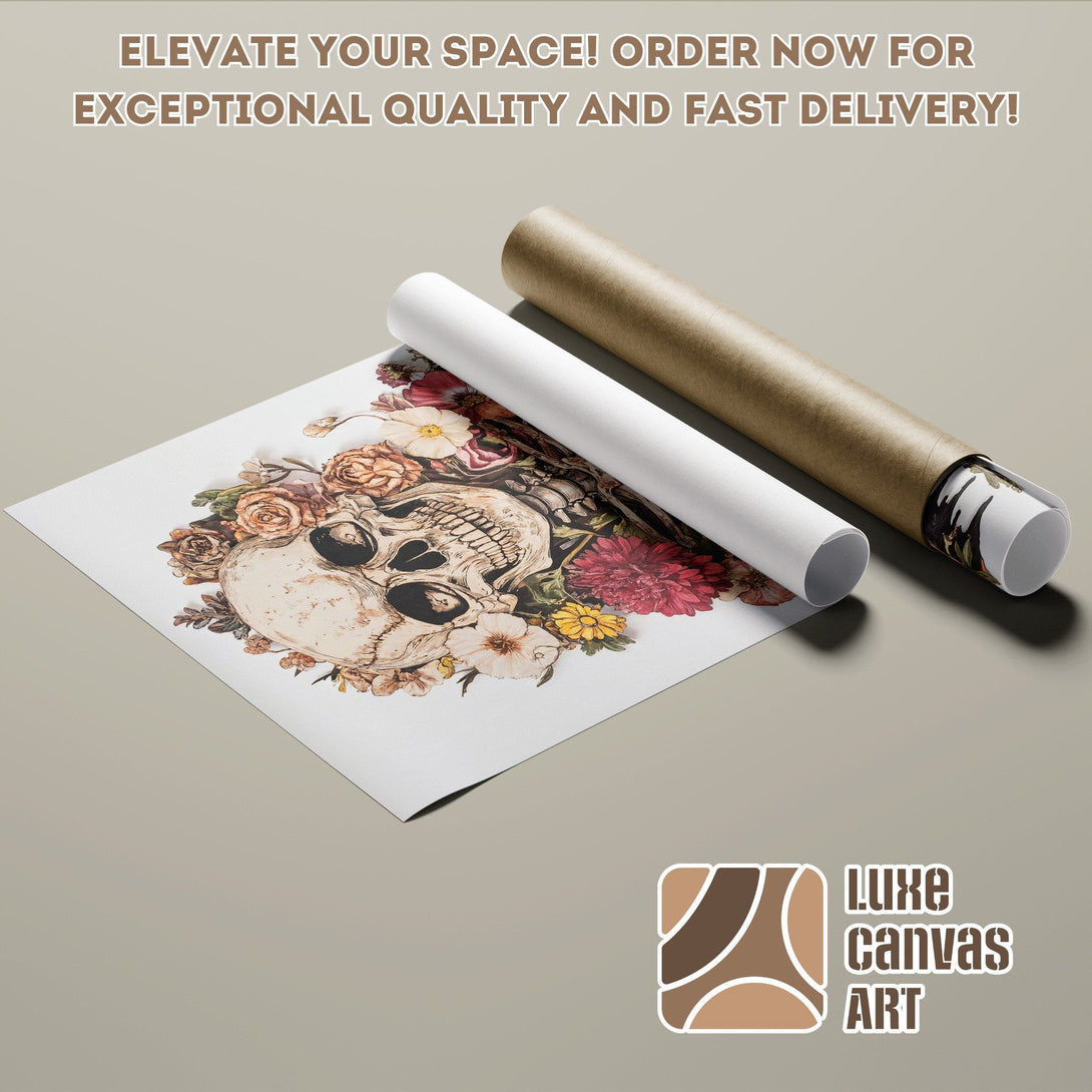 Poster Roll featuring a skull and floral design, with a warm, neutral color palette.