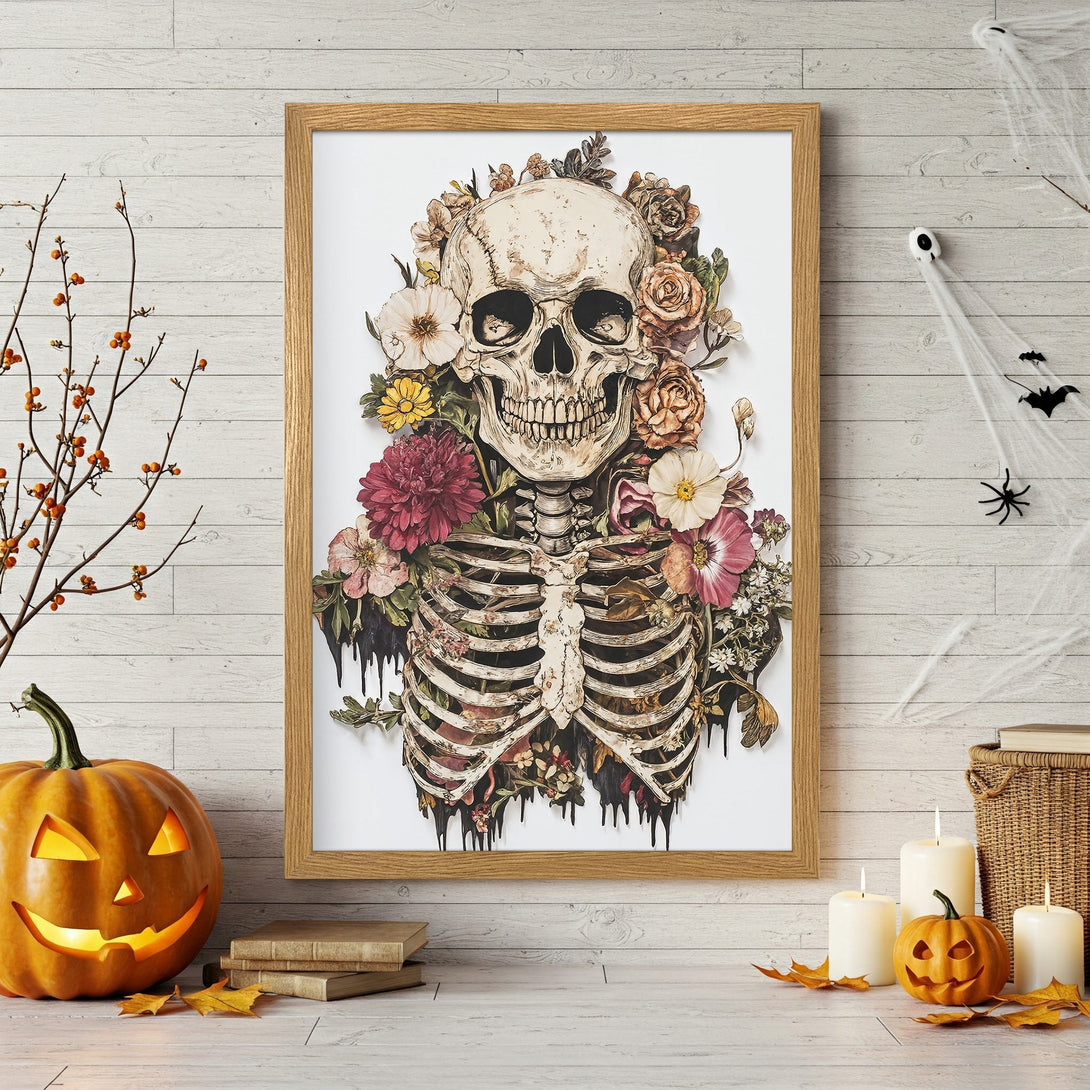 Framed Poster featuring a floral skull design. Gothic style art in a neutral and autumnal color palette, perfect for Halloween decor.