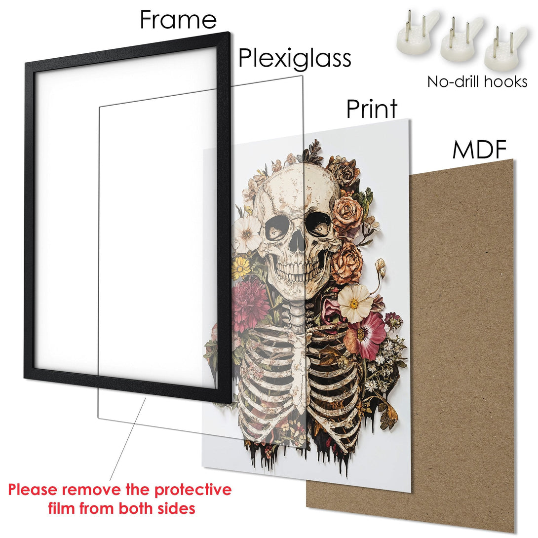Framed Poster featuring a floral skull in a black frame. Artistic style with a neutral and floral color palette.