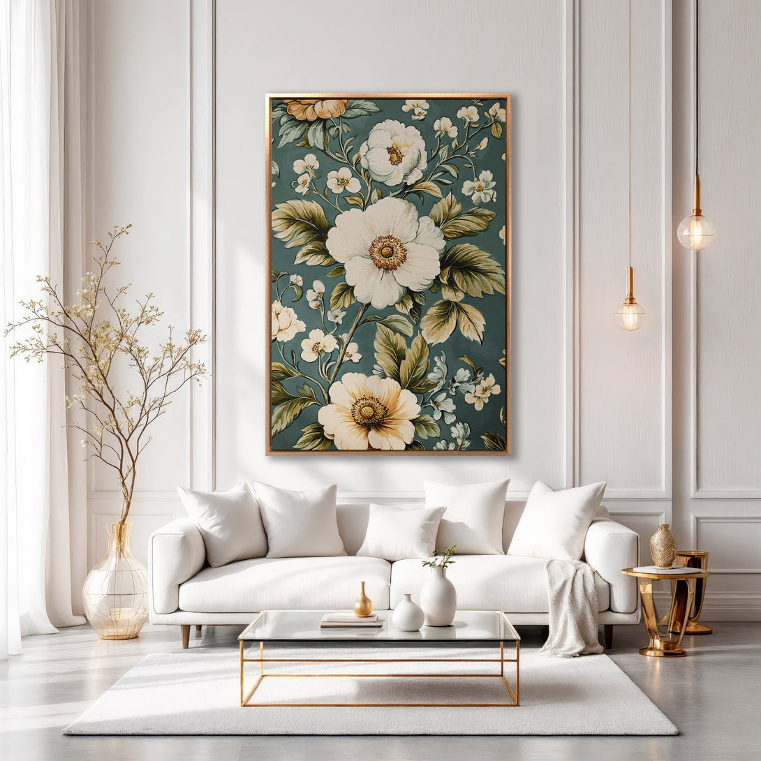 Framed Wall Art featuring elegant floral design in teal and cream tones, perfect for adding a touch of sophistication to any interior.