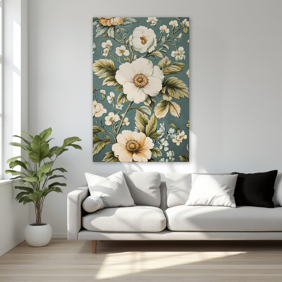 Framed Wall Art: Elegant floral canvas print with white flowers on teal background. Perfect for adding a touch of sophistication to your home decor.