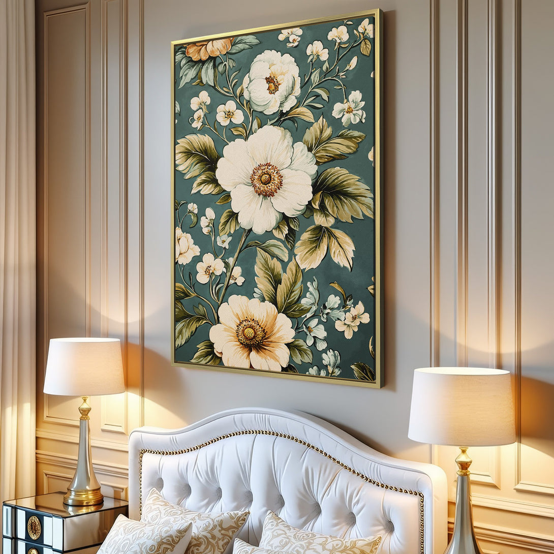Canvas Print featuring a floral design with white and cream flowers on a teal background. Adds a touch of elegance to any space.