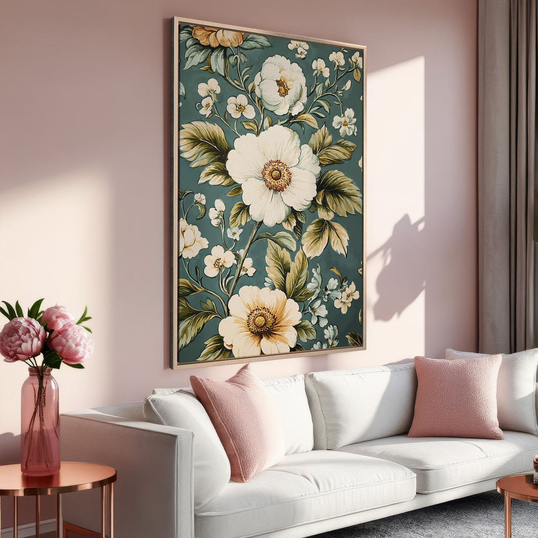 Framed Wall Art: Elegant floral Canvas Print with white and yellow blooms on a teal background. Adds a touch of sophistication to any room.