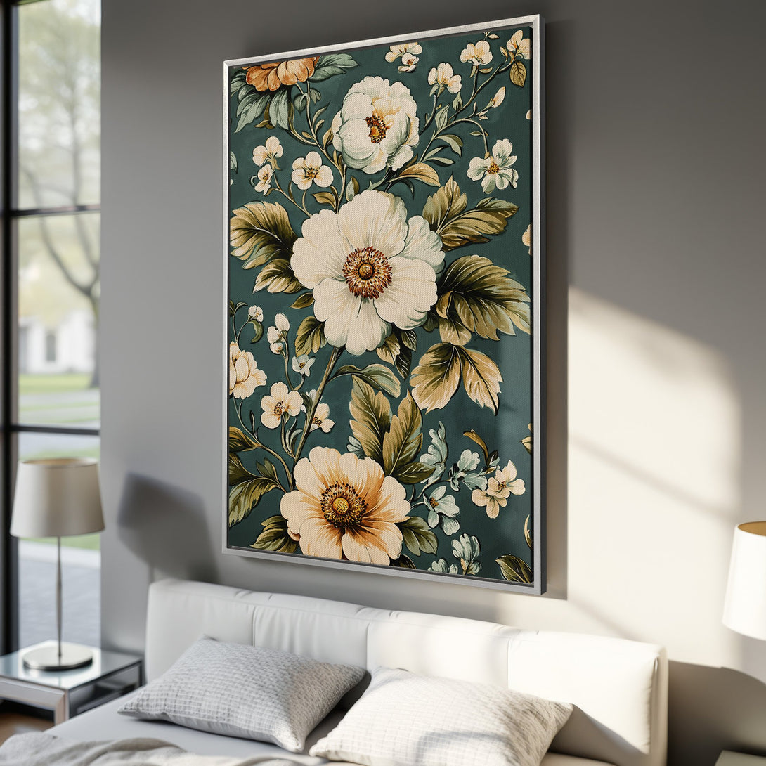 Framed Wall Art: Elegant floral Canvas Print in teal, cream, and gold. Perfect for adding a touch of vintage charm to your bedroom decor. Shop now!