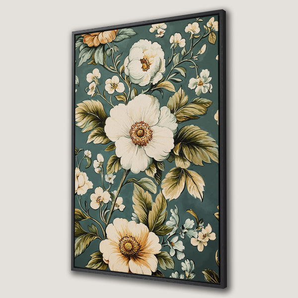 Framed Wall Art featuring a vintage floral design in a teal and cream color palette, perfect for adding a touch of elegance to your home decor.