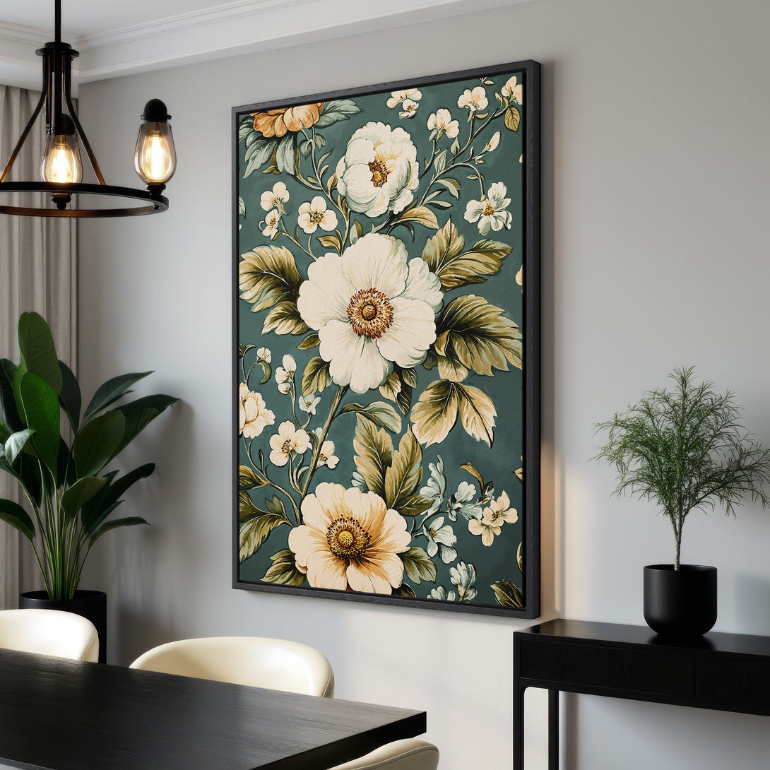 Framed Wall Art featuring a floral design with white and cream flowers on a teal background. Elegant botanical art for home decor, adding a touch of nature.