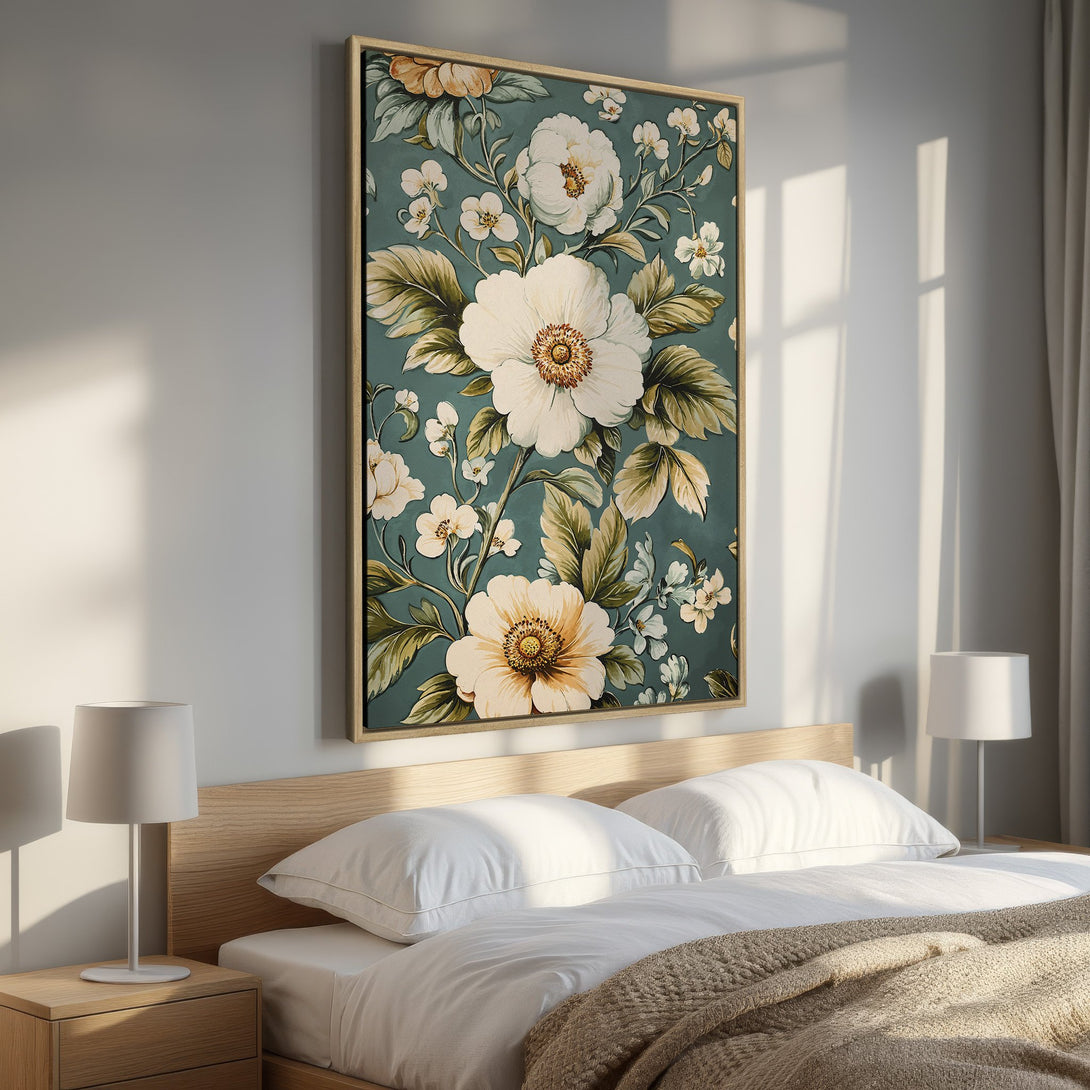 Framed Wall Art featuring a floral design with white and yellow flowers on a teal background. Perfect for adding a touch of elegance to your bedroom decor.