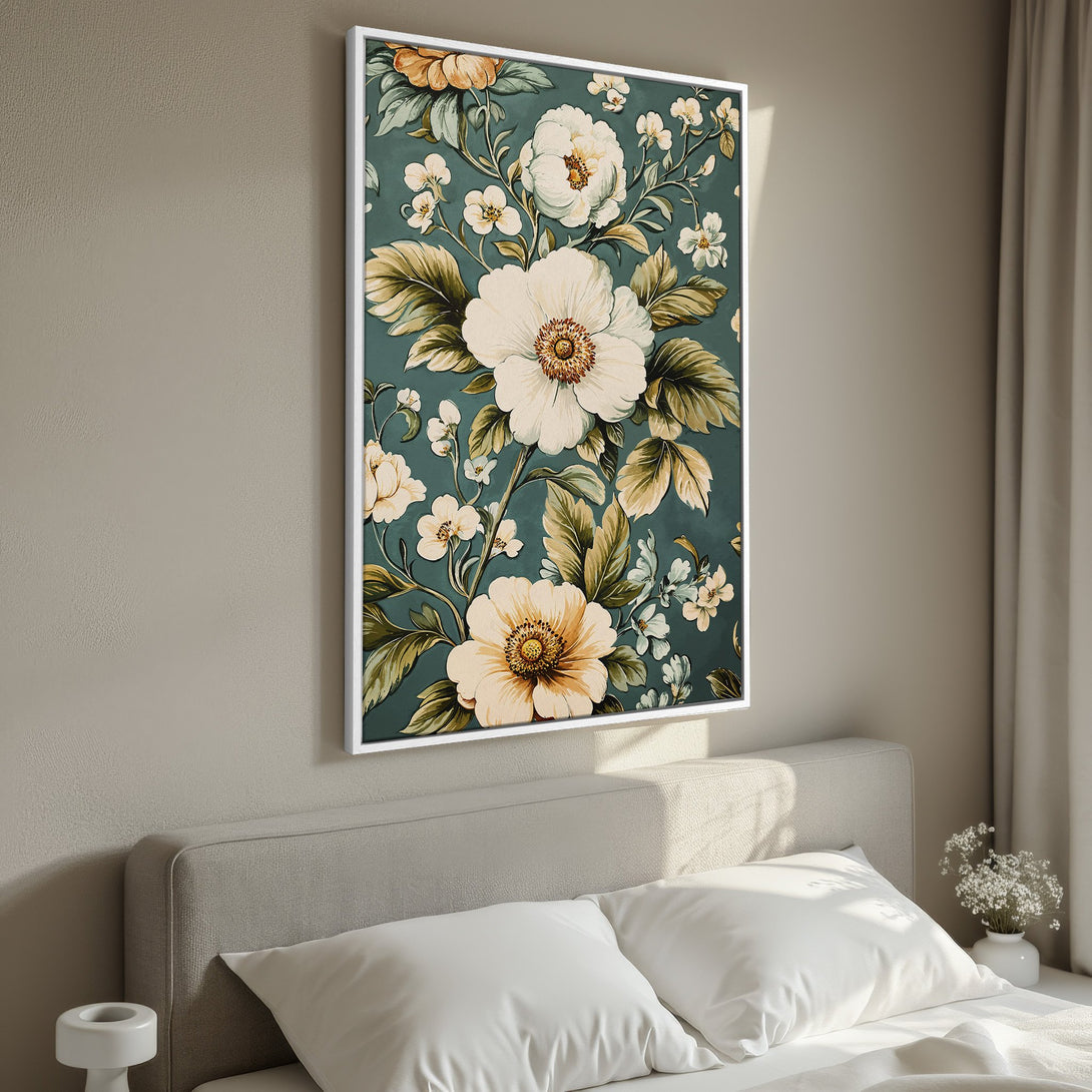 Framed Wall Art featuring a floral design with white and yellow blooms on a teal background. Adds a touch of elegance to any bedroom.