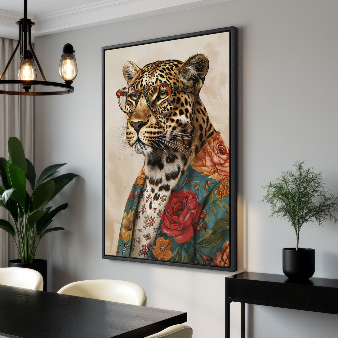 Framed Wall Art: Stylish leopard portrait in a floral jacket. Earthy tones with pops of teal and red. Perfect for adding a touch of whimsy.
