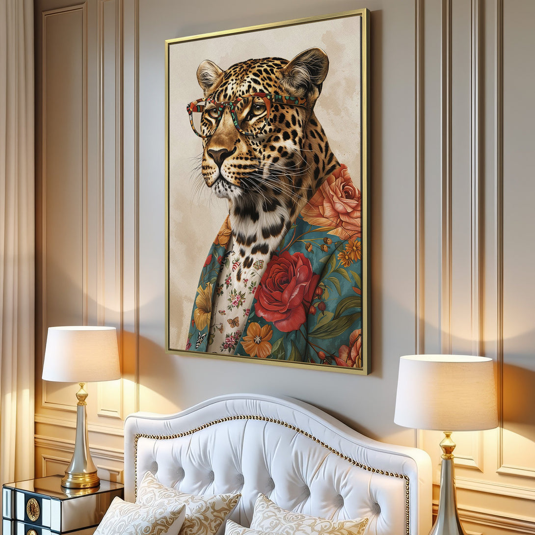 Canvas Print featuring a stylish leopard in floral attire. Modern art with a vibrant teal, red, and gold color palette. Perfect wall decor!