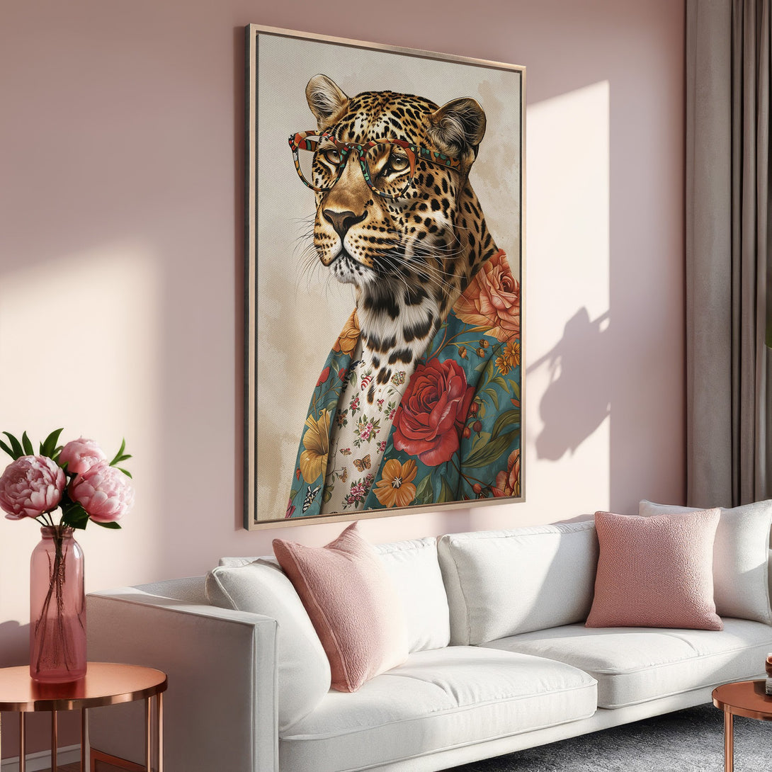 Framed Wall Art: Stylish leopard print portrait with floral jacket. Warm color palette of pinks, oranges, and greens. Perfect for adding a touch of whimsy.
