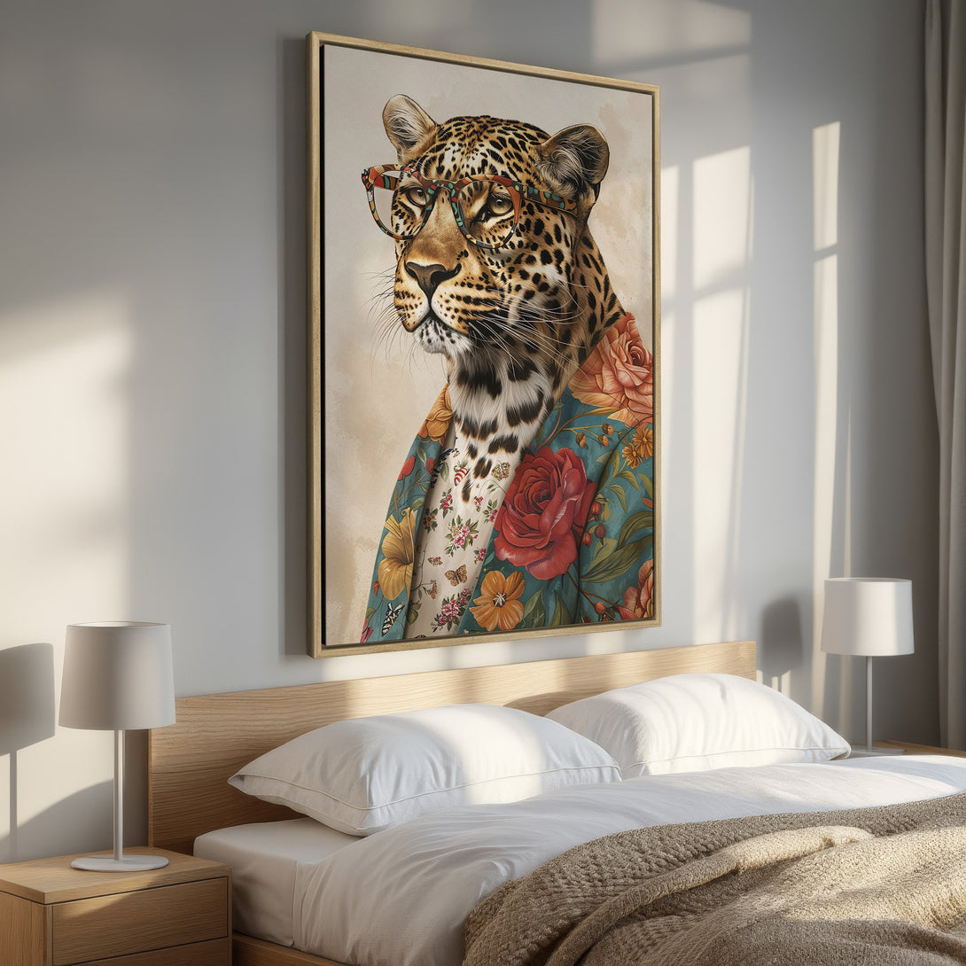 Framed Wall Art: Stylish leopard in floral jacket and glasses, displayed in a bedroom. Warm, inviting color palette with teal, red, and beige tones.