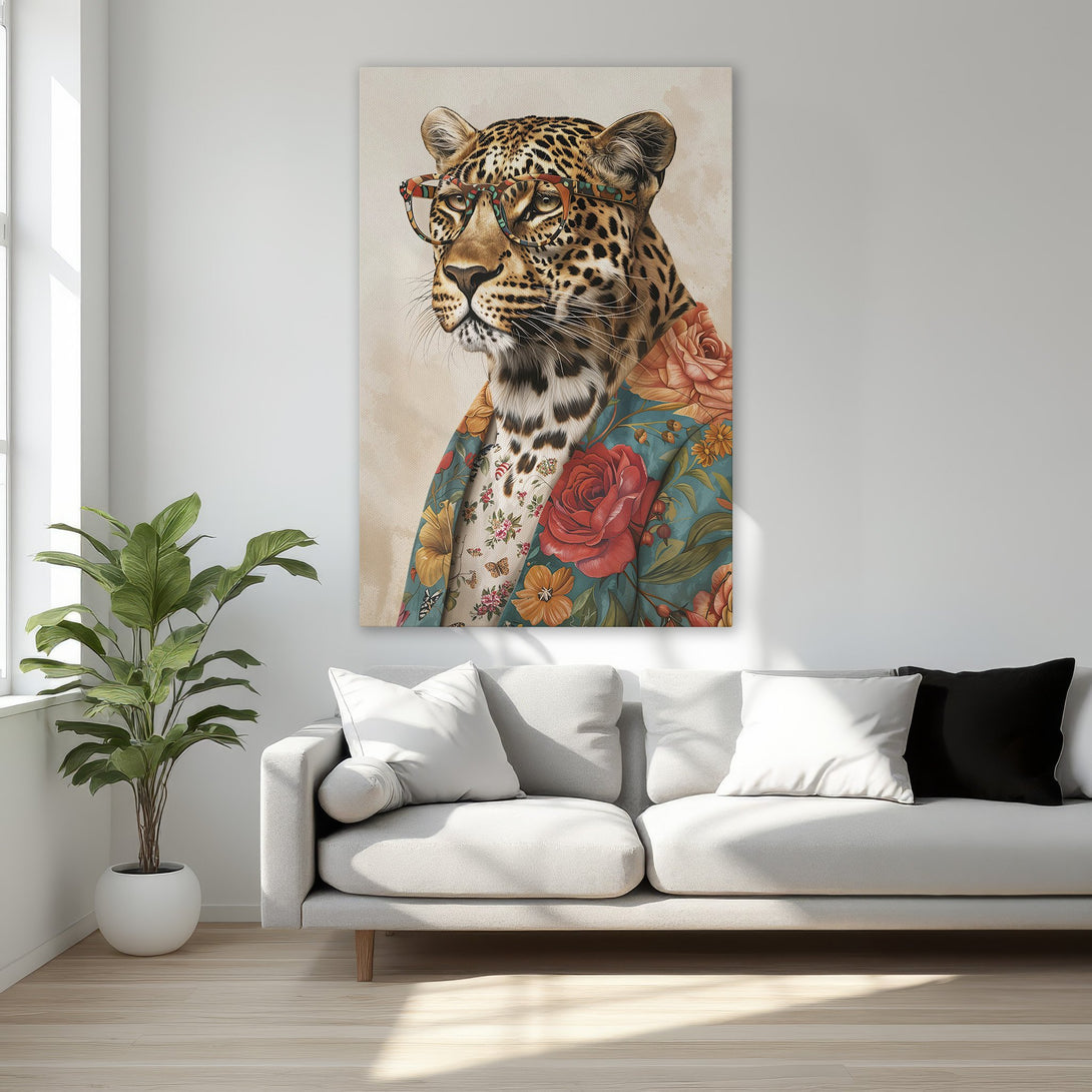 Framed Wall Art: Stylish leopard portrait in a floral jacket. Earthy tones with pops of red and teal. Perfect for adding a touch of whimsy to your space.