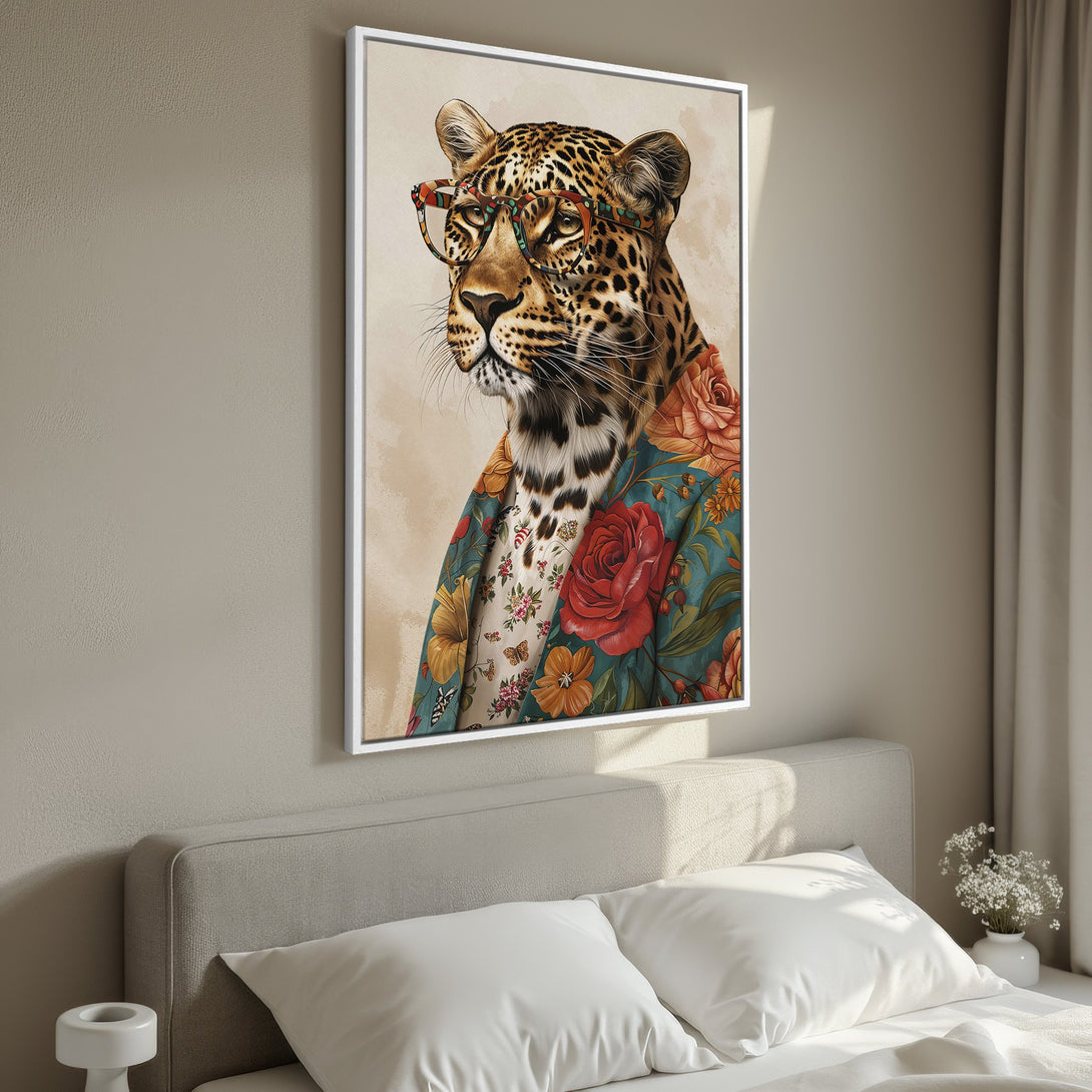 Framed Wall Art: Stylish leopard in floral jacket. Earthy tones with pops of red & teal. Perfect for adding a touch of whimsy to your bedroom decor.