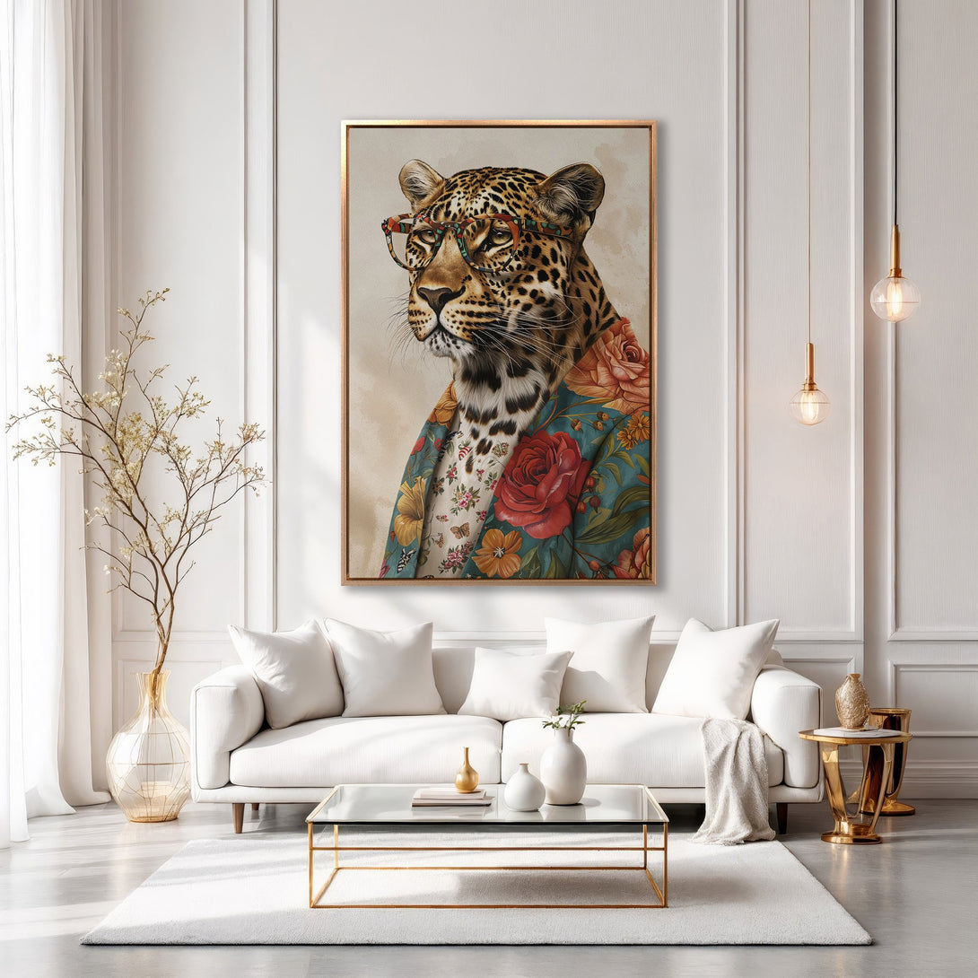 Framed Wall Art: Dapper leopard portrait with floral jacket in a modern interior. Earthy tones with pops of teal and red. Elevate your space!