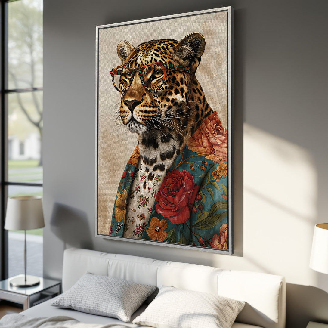 Framed Wall Art: Dapper leopard in floral suit & glasses. Trendy wall decor with a vintage vibe. Earthy tones with pops of teal and red. Shop now!