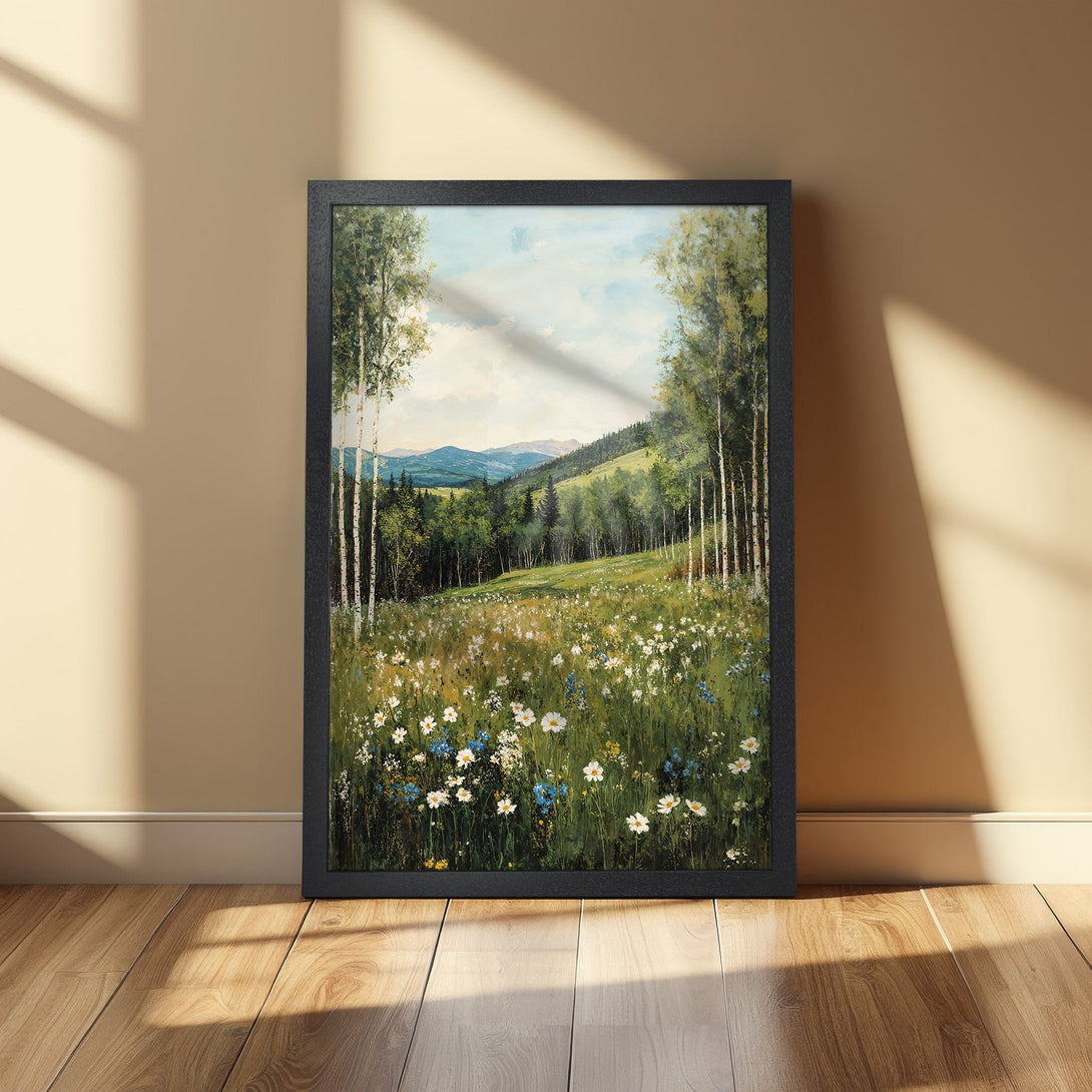 Framed Poster: Landscape art print featuring a meadow with wildflowers, trees, and mountains. Earthy tones and a serene, natural style.