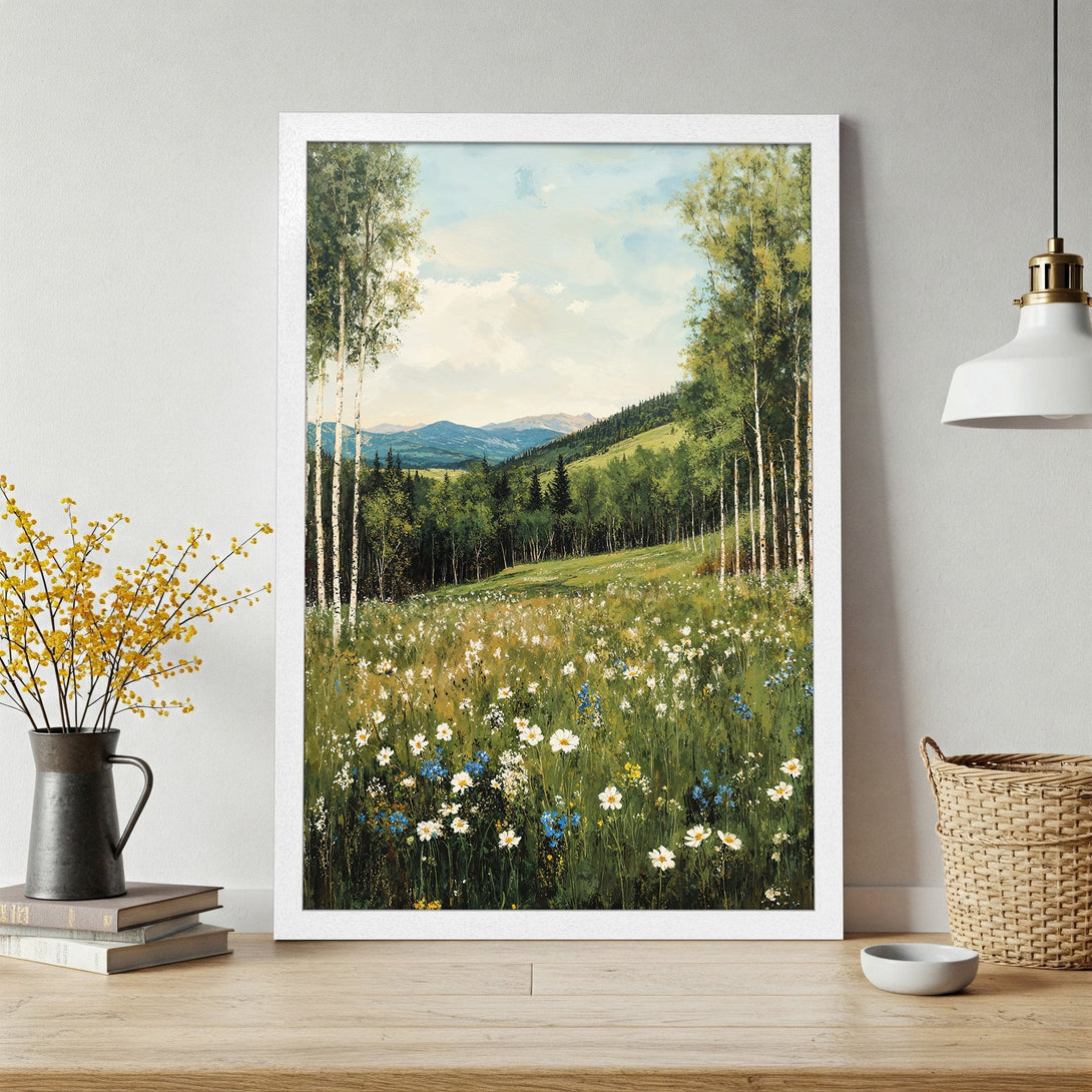 Framed Poster of a serene landscape painting with a green and blue color palette. Perfect wall art for a calming aesthetic.