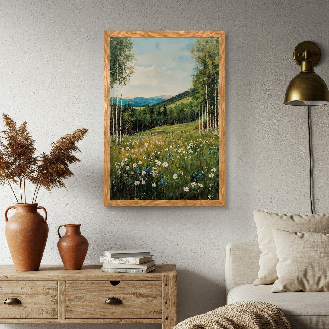 Framed Poster of a serene landscape with birch trees, meadow, and mountains. Earthy tones and natural style. Perfect wall art!