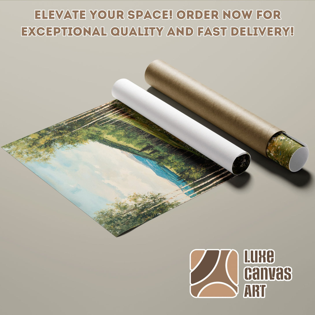 Scenic Poster Roll with landscape art, featuring green, blue, and brown tones. Elevate your space with Luxe Canvas Art!