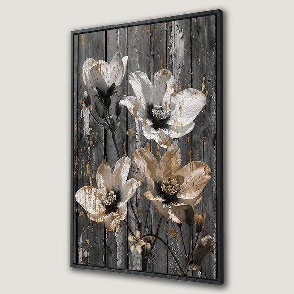 Framed Wall Art: Elegant floral Canvas Print with white, gold, and gray tones. Rustic style flowers on a distressed wood background. Perfect for modern decor.