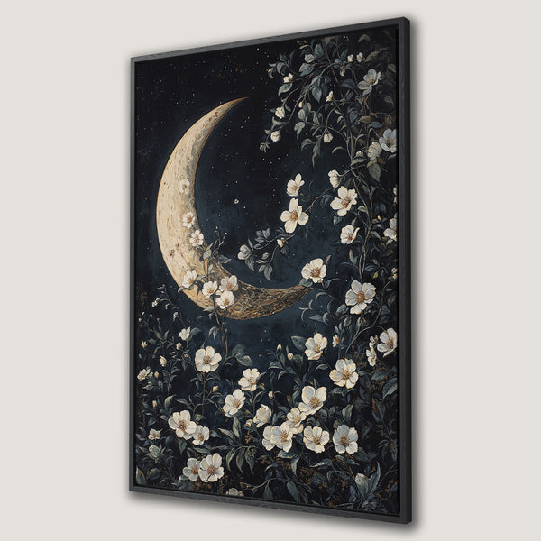 Framed Wall Art: Moon & floral art print in moody, dark blue & cream tones. Perfect for a vintage-inspired bedroom or living room decor.