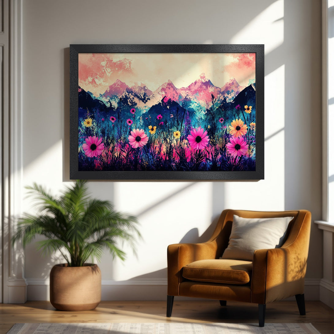 Framed Poster featuring a vibrant floral mountain landscape art print. Pink, blue, and yellow color palette, perfect wall decor.