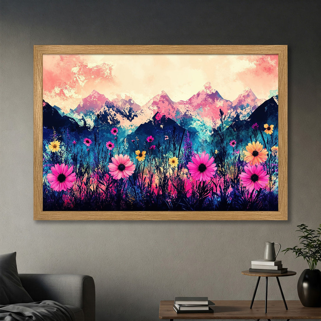 Framed Poster featuring vibrant flowers & mountains in a watercolor style, with a pink, blue, and yellow color palette. Perfect wall art!
