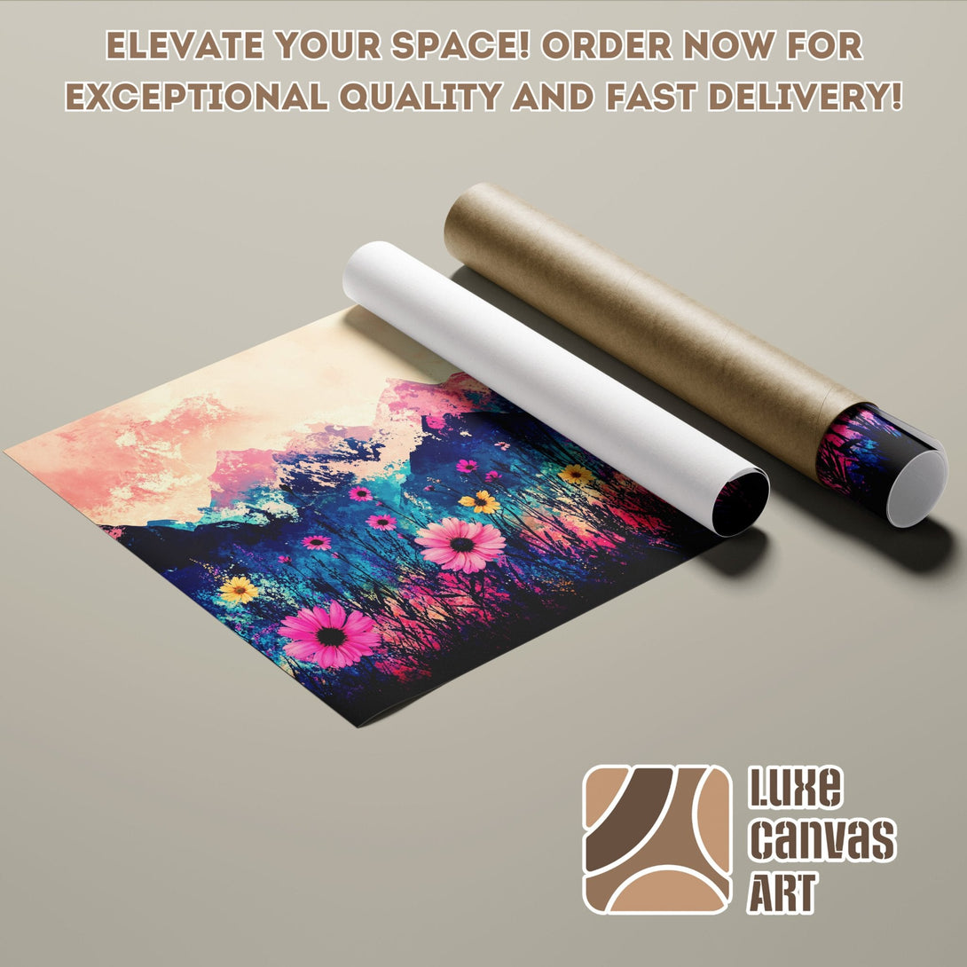 Abstract floral Poster Roll art in pink, blue, and yellow. Elevate your space!