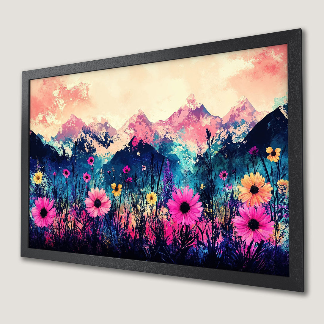 Framed Poster featuring a vibrant mountain landscape with flowers. Watercolor style art in pink, blue, and yellow hues. Perfect wall art!