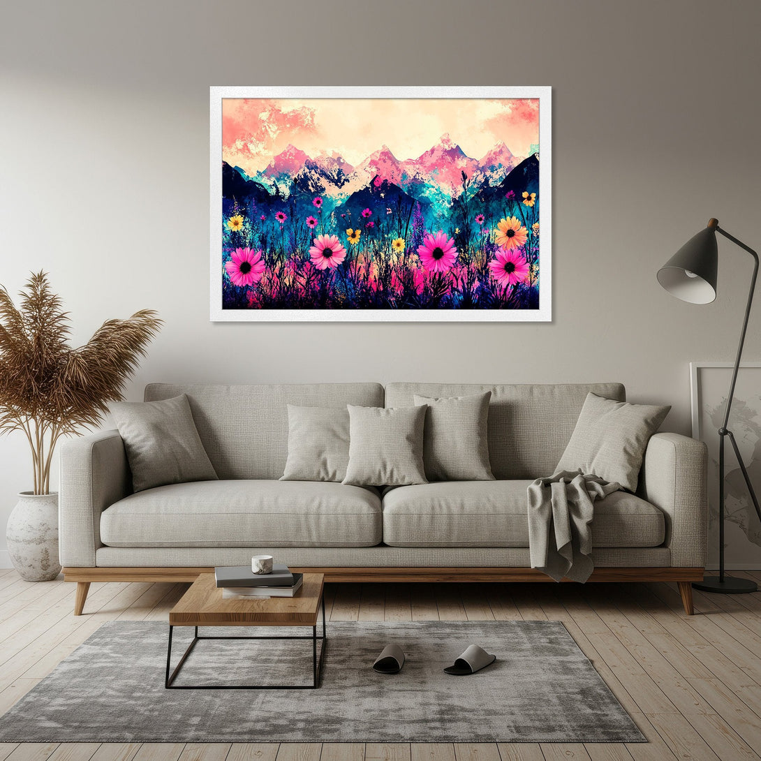 Framed Poster of vibrant floral landscape art, featuring pink, blue, and yellow hues. Perfect wall decor for any room.