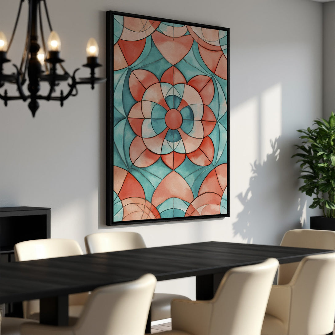Framed Wall Art featuring a geometric watercolor design in teal, coral, and peach. Perfect for adding a pop of color to your dining room!