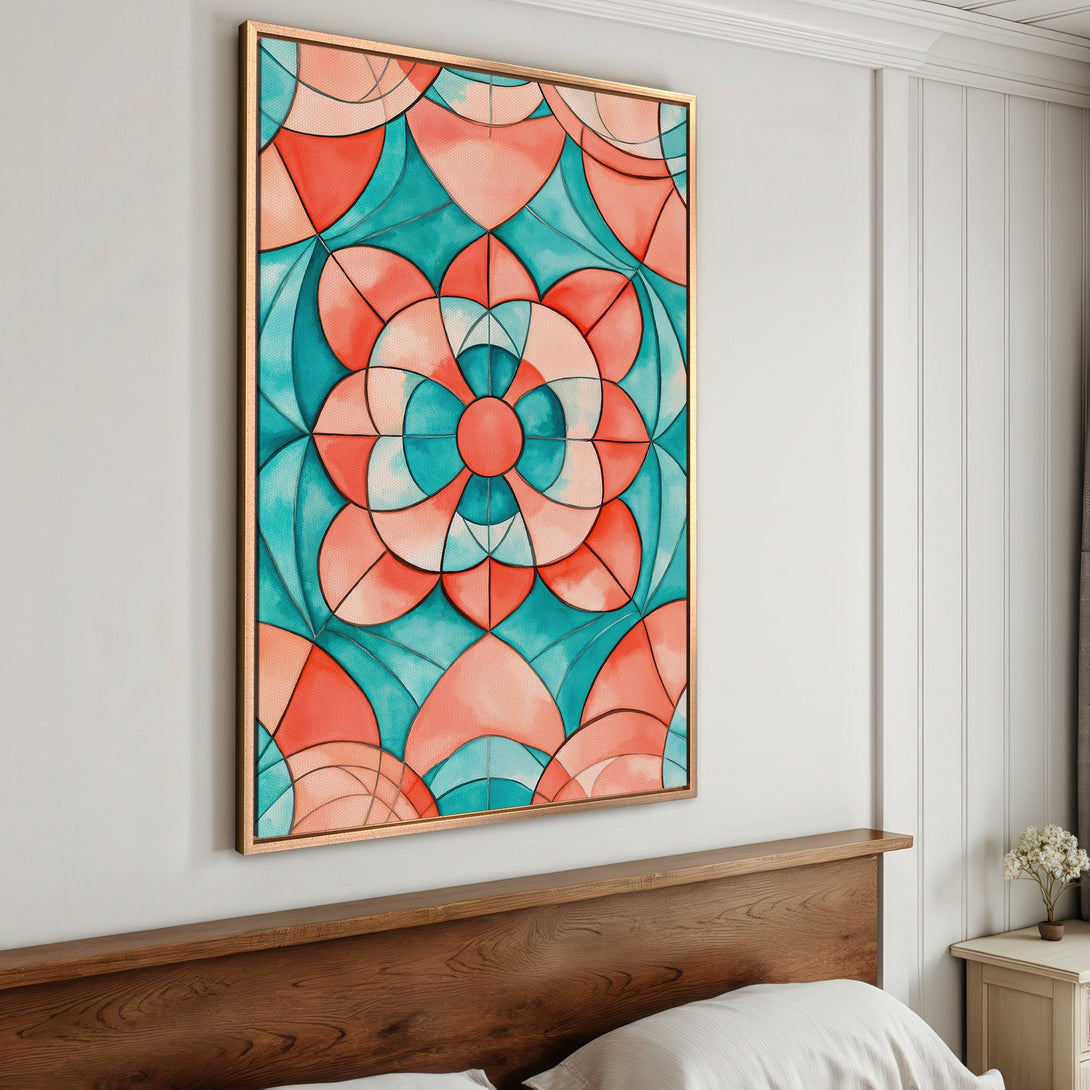 Framed Wall Art: Geometric floral design in teal and coral. Modern canvas print adds a pop of color and style to any bedroom or living space.