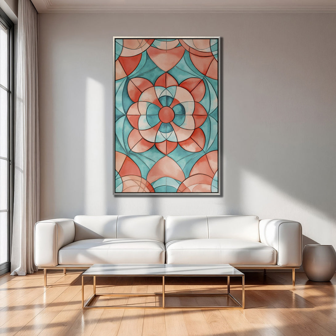 Framed Wall Art: Abstract floral design in teal and coral, adding a pop of color to a modern living room. Perfect for a stylish home!