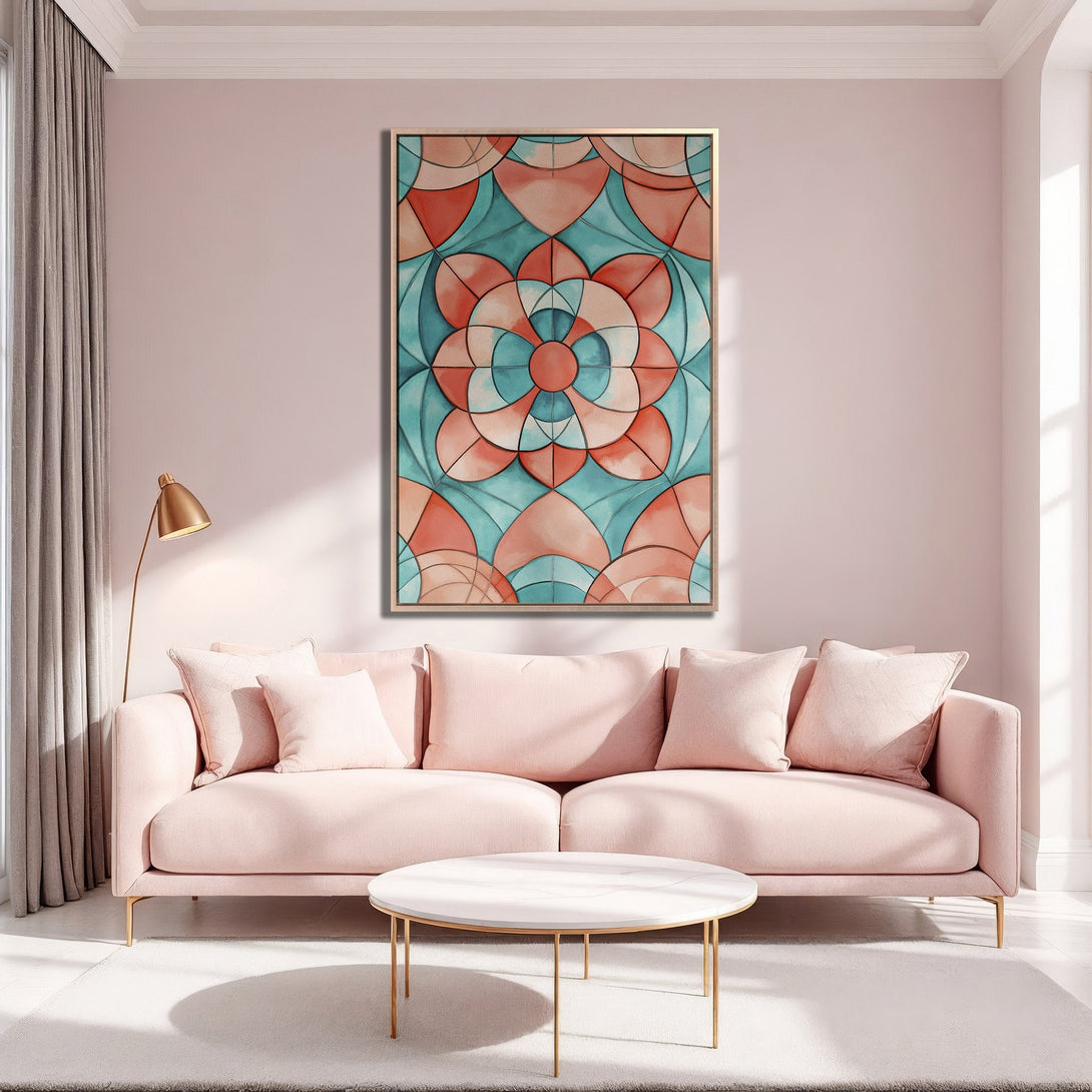 Framed Wall Art featuring a floral abstract design in teal and coral hues. Modern art piece in a soft, pink interior. Elevate your space with this stylish canvas print.