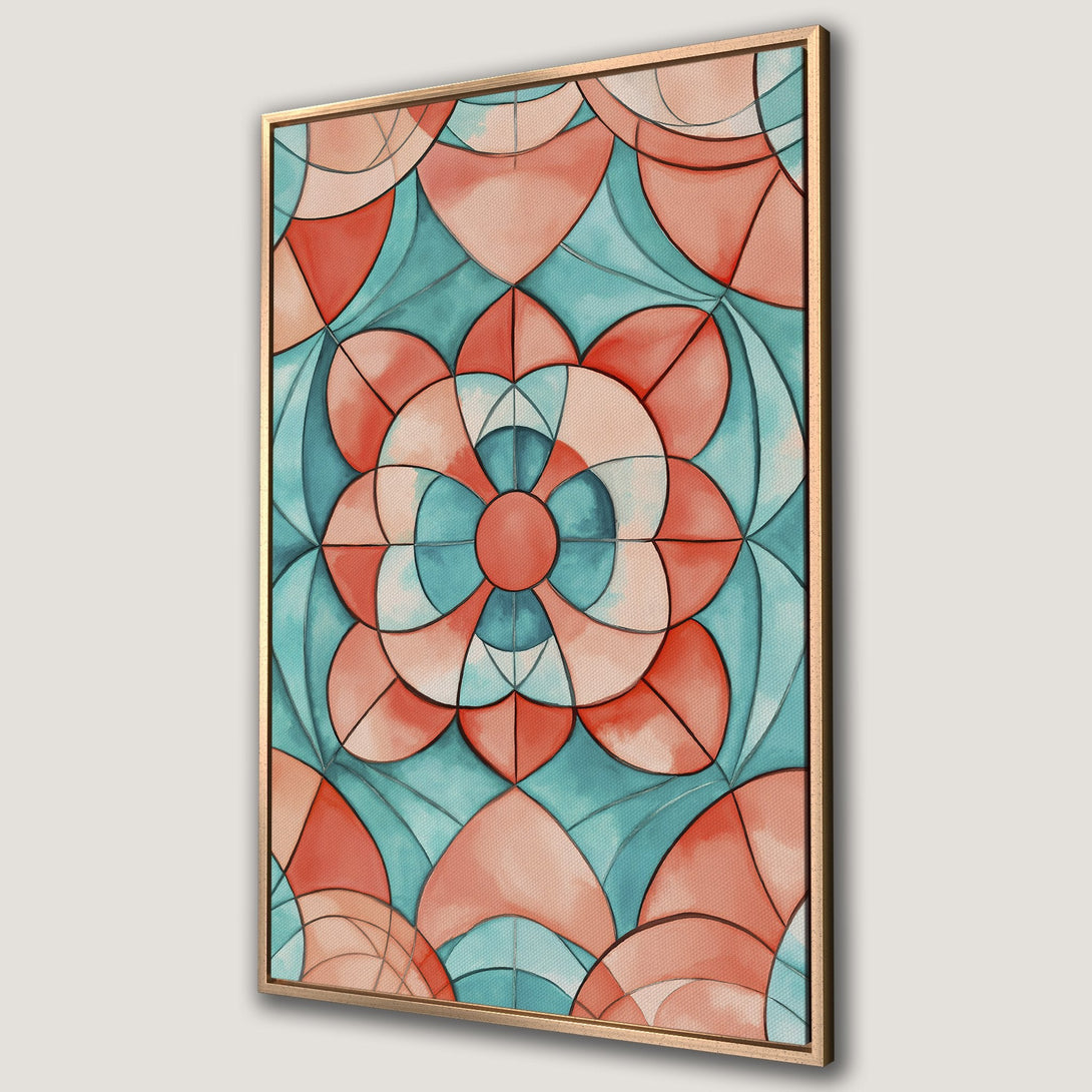 Framed Wall Art featuring a vibrant abstract floral design in teal, coral, and peach. Perfect for adding a pop of color and modern style to any space.